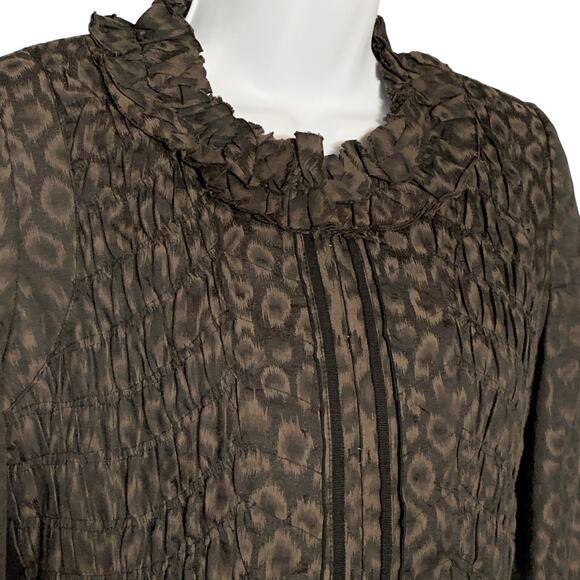 Tahari Leopard Ruffle Ruched Jacket Y2K Stretch Brown Black Hook Eye Close Sz 4 - Picture 2 of 9